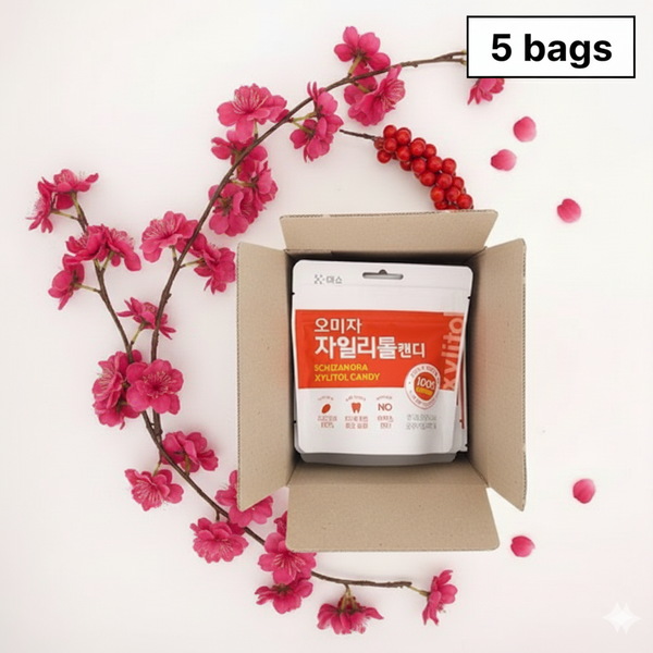 문경미소 오미자 자일리톨 캔디 (40g x 5 bag ) – 달콤하고 상큼한 오미자 맛 무설탕 캔디/Mungyeong Miso Omija Xylitol Candy 40g – Naturally Sweet & Tangy Sugar-Free Candy